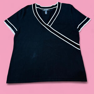 Vintage Y2K Preppy Mod Black White V-Neck Stretch Knit Blouse XL